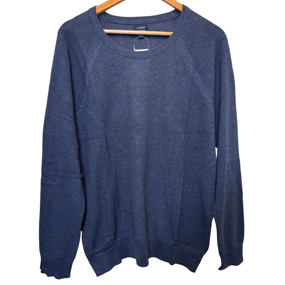 J.Crew Mens Sweater Large Blue Cotton Textured Raglan Crewneck Classic Preppy
